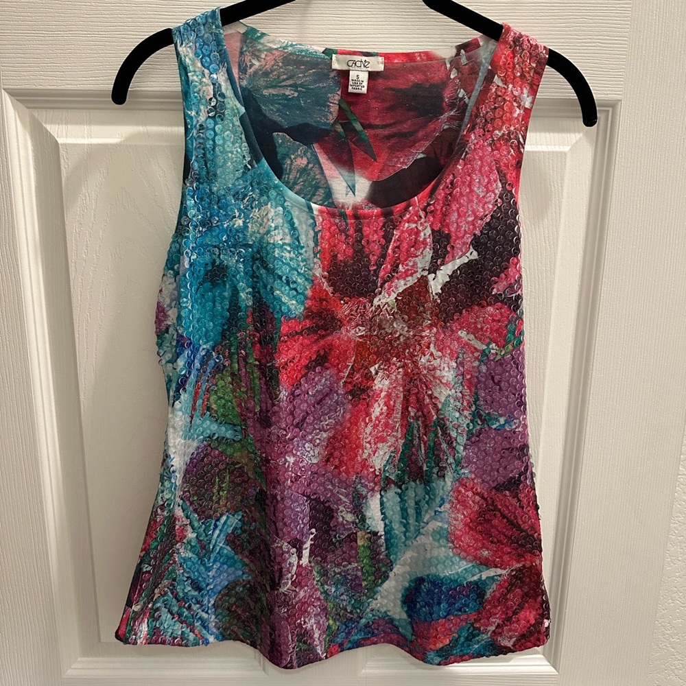 Cache Multicolor Sequin Floral Tank Top Small